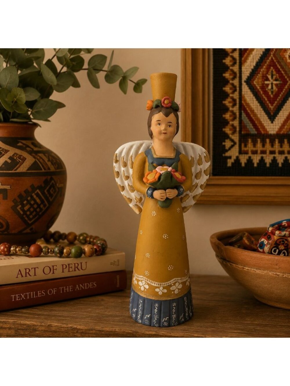 Peruvian Hand Painted Terra Cotta Angel Candle Holder Folk Art Yellow